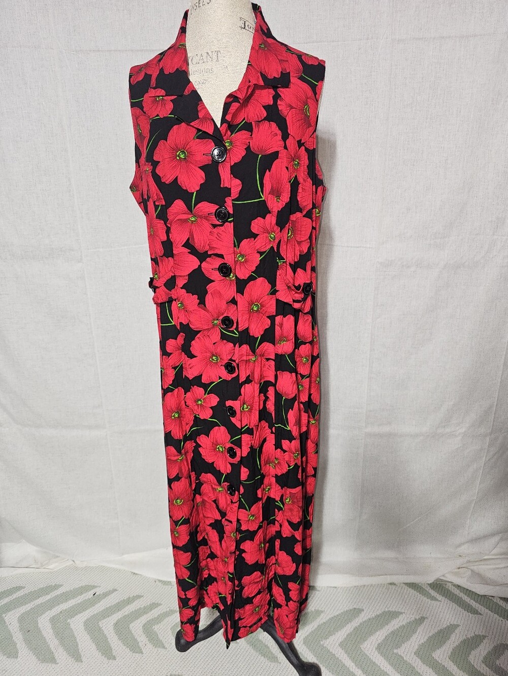 Sleeveless Black Dress with Red Floral Print